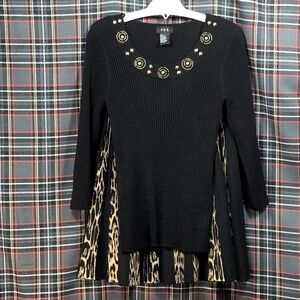 RQT Black Rib Knit Three-Quarter Sleeve Metal Beadwork